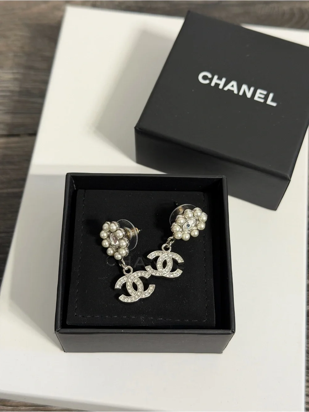 CHANEL Silver Pearl & Crystal CC Dangle Earrings